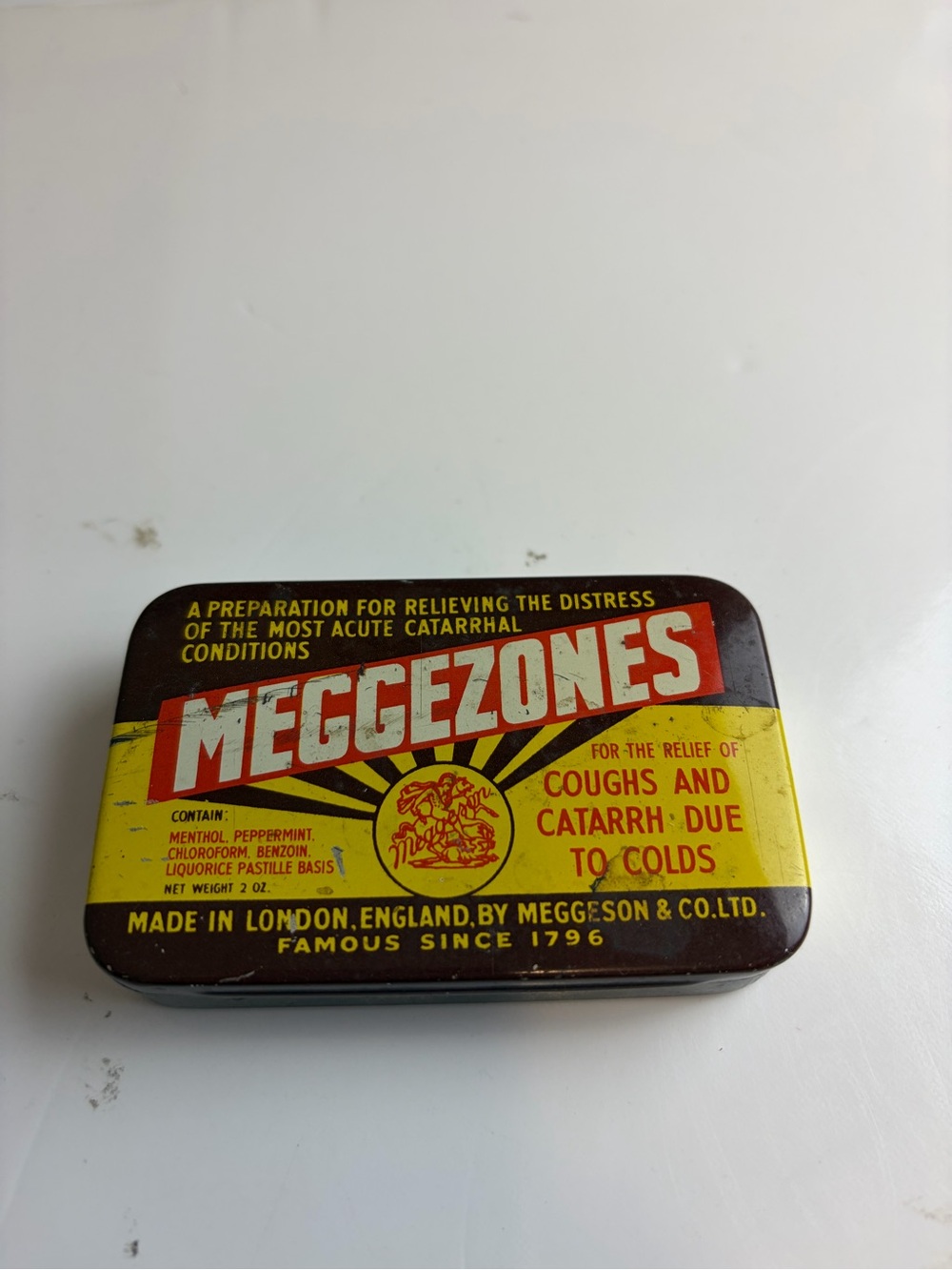Vintage-Style Meggezones Cough Relief Tin – Yellow and Brown